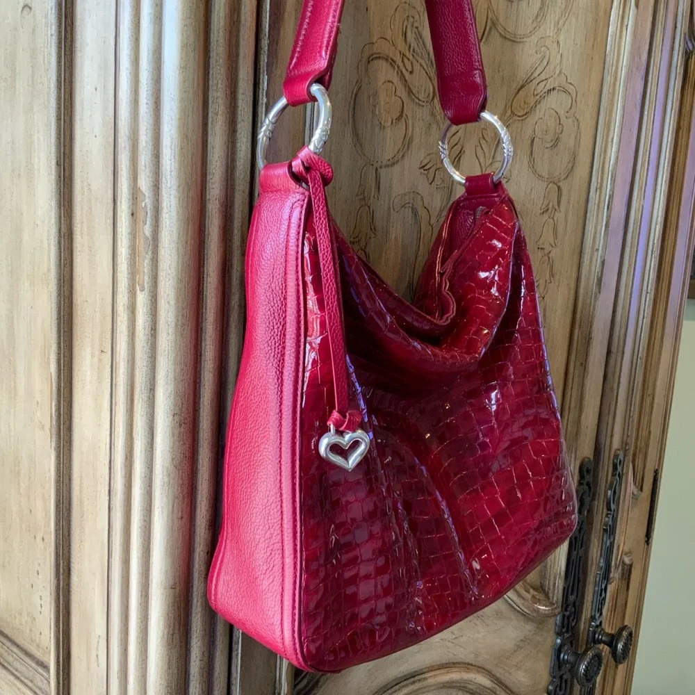 Brighton Red Crocodile-Embossed Patent Leather Large Hobo Shoulder Women's Bag